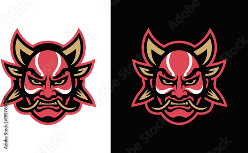 Kabuki Oni Mask Esports Logo, Japanese Samurai Demon Head Vector Illustration Isolated