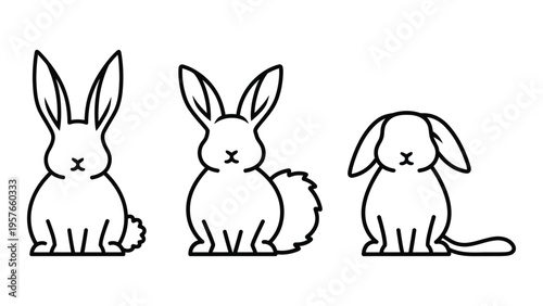 Simple line drawing of three rabbits in varying poses facing forward