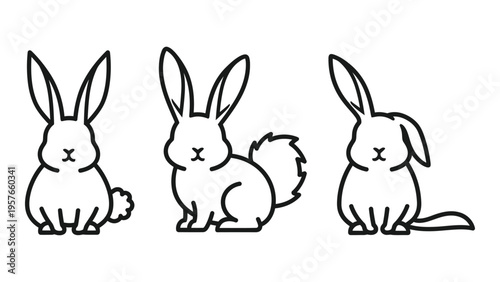 Three stylized rabbits are depicted in a simple black and white line drawing arrangement
