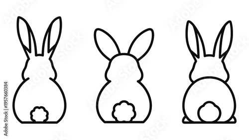 Three simple line art rabbits in varying poses side front and rear views