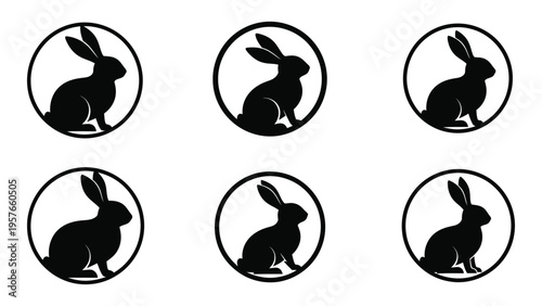Six black silhouettes of rabbits presented within identical circular frames