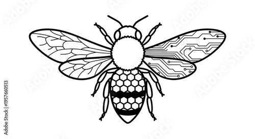 Detailed Line Art Illustration of a Cyborg Bee with Circuitry Wings and Honeycomb Body Patterns, Symbolizing Artificial Intelligence, Robotics, and Environmental Tech.