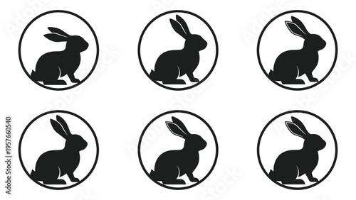 Six black silhouettes of rabbits within circular frames arranged in a grid