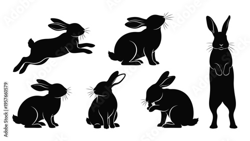 A collection of black silhouettes depicting various rabbit poses and activities