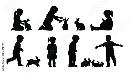 Silhouettes of children interacting with rabbits in a playful whimsical scene