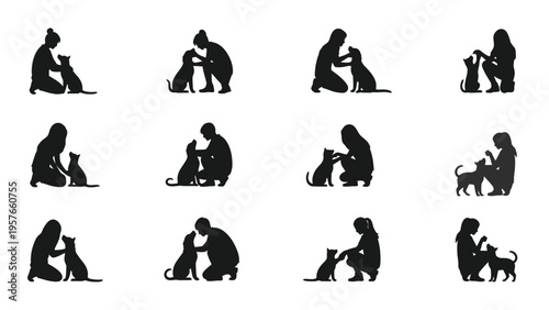 Silhouettes of people interacting with cats in various affectionate poses