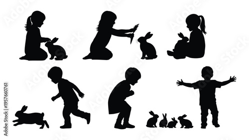 Silhouette collection depicting children interacting with rabbits in various poses
