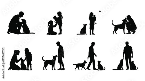 Silhouettes of people interacting with their canine and feline companions