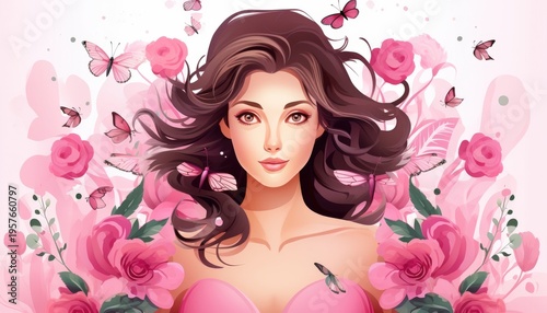 Young woman surrounded by roses and butterflies illustration