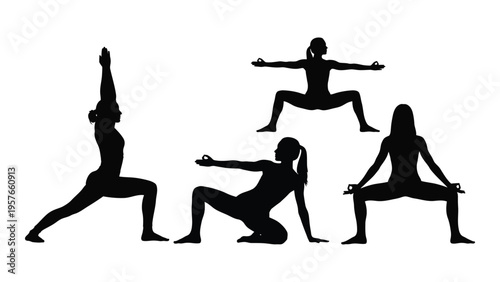 Silhouettes of four women performing various yoga poses against a white background