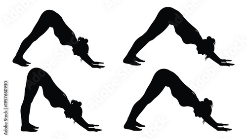 Four silhouettes demonstrating downward facing dog yoga pose variations high quality
