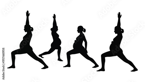 Silhouette of four pregnant women practicing a yoga lunge pose