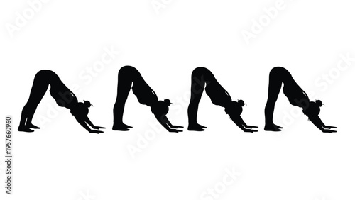 A sequence of silhouettes demonstrating the downward facing dog yoga pose