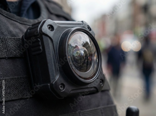 Modern Body Camera Mounted on Police Officer Uniform