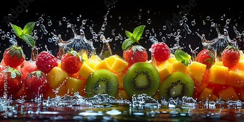 Vibrant tropical and berry fruits splashing with water on a dark background
