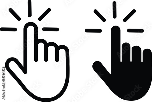 Click hand cursor icon set vector with pointer finger pressing button in outline and solid black styles