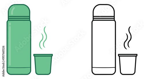 Green thermos bottle with steaming cup, color and outline vector versions, minimal and clean design for hot drinks, camping, and outdoor lifestyle graphics, isolated
