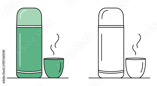 Green thermos bottle with a cup of hot steaming beverage, vector illustration in both color and outline versions, isolated on white background, perfect for kitchen, travel
