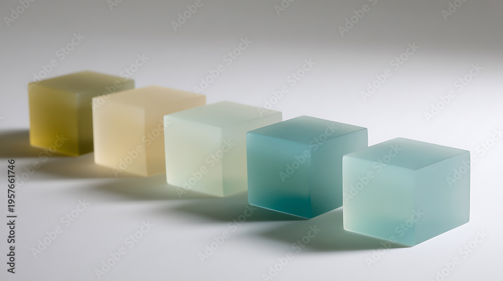 Obraz premium Abstract row of translucent, colorful cubic shapes in varying shades of green, yellow, and blue, illuminated on a clean surface