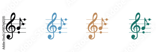 Music note icon set, treble and bass clefs, sharp and flat symbols, continuous one-line hand-drawn vector illustration, clean minimalist style