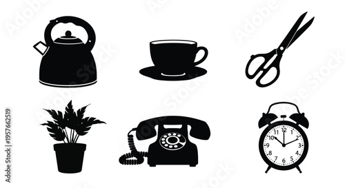 Black silhouette icons depicting a kettle teacup scissors plant phone and clock