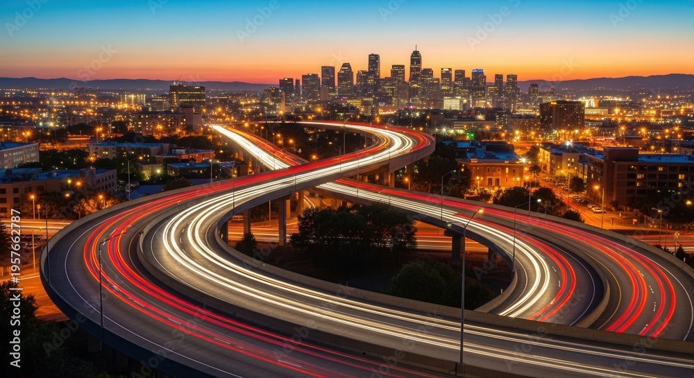 Obraz premium Cityscape Freeway Interchange At Twilight With Streaking Lights