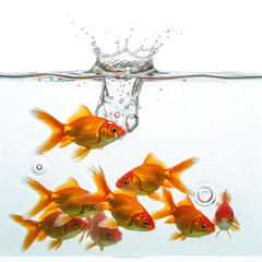 School of goldfish swimming underwater with ripples on the surface