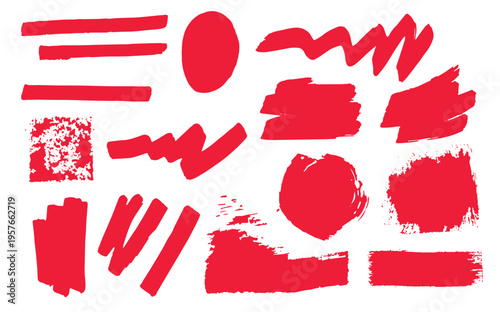 Set of vector red brush strokes textures isolated on white background