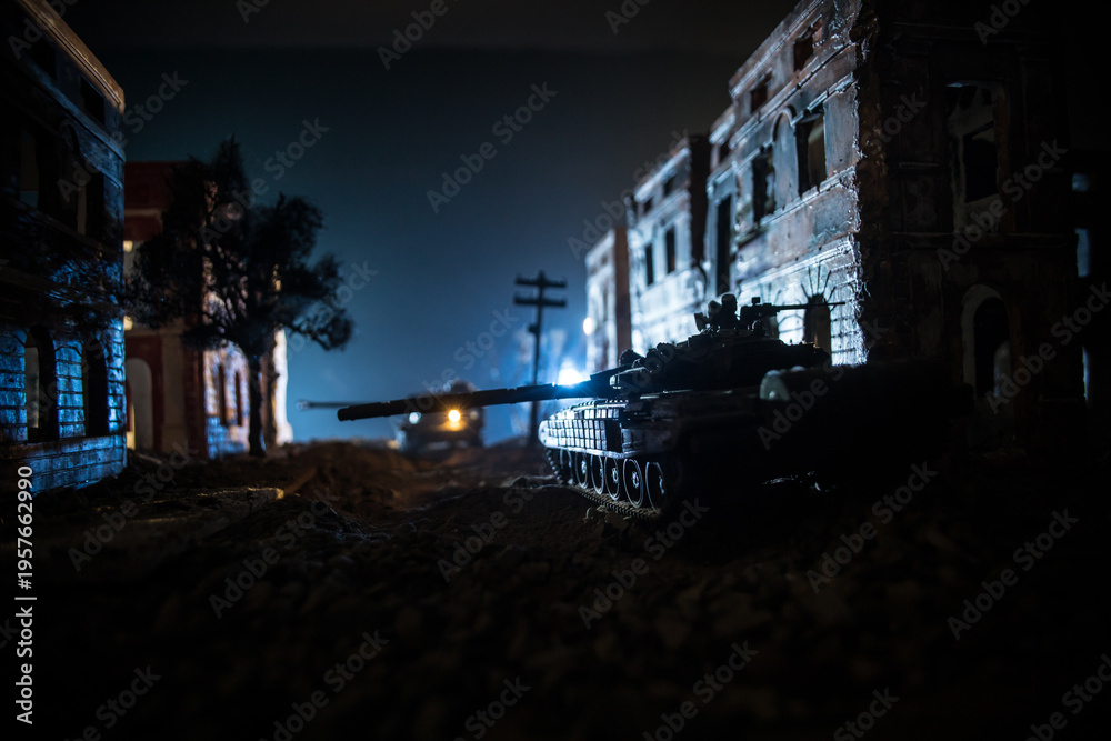 Fototapeta premium War Concept. Military silhouettes fighting scene on war fog sky background, World War Soldiers Silhouette Below Cloudy Skyline At night. Battle in ruined city.