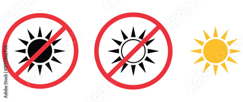 Sun, and no sun icon set featuring brightness control symbols, UV protection and sun exposure warning concept, modern flat vector illustration for health awareness, apps, websites, and digital design