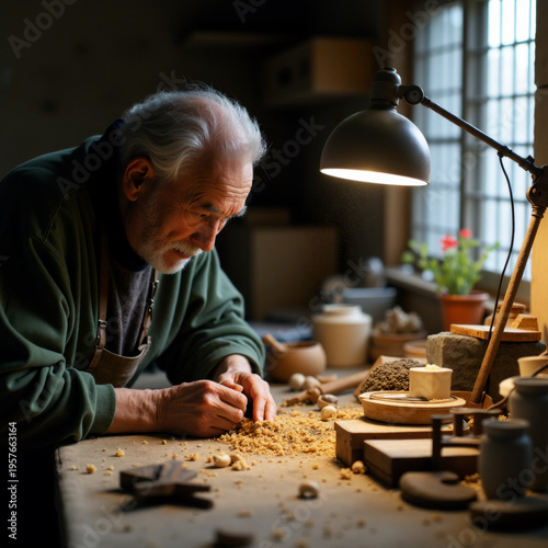 Elderly Craftsman with Wrinkled Hands Carving Wood Traditional Workshop. Generative ai.