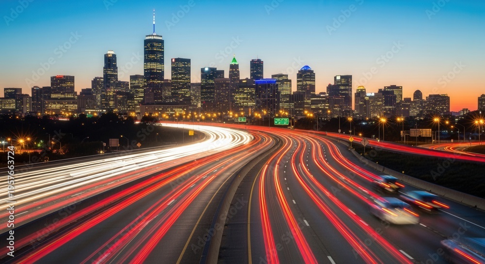 Obraz premium Cityscape Highway Traffic Trails At Twilight Vibrant Urban Energy