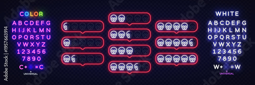 Neon skull rating bubbles with glowing red outline. Bold feedback icons with different levels create dark gaming style interface