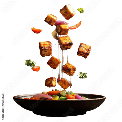 Tofu cubes and vegetables flying into a bowl of salad transparent background