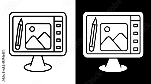 Digital Art Icon. Two-Tone Version On Black And White Background