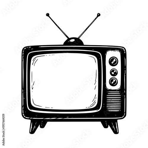 Vintage television with antennae and dials on white background