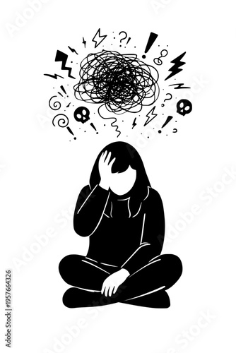 overwhelmed woman with chaotic thoughts and emotions