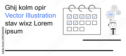 Business automation, task management, CRM tools, workflow optimization, scheduling, productivity. A calendar with checkboxes and a robotic hand pointing to CRM. Business automation and CRM tools
