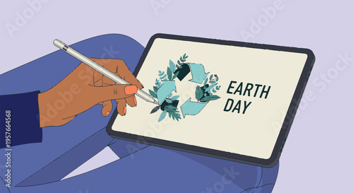 Creative design for Earth Day: hand drawing recycling symbol on tablet