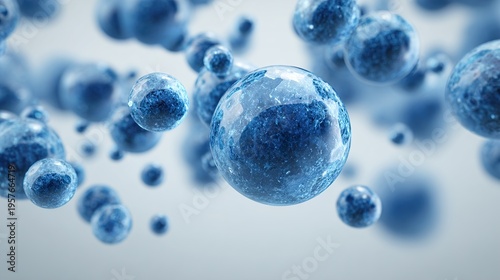Macro view of water molecules or carbon dioxide. 3d rendering of abstract blue bubbles on a light background for medical science and innovative technology concepts.