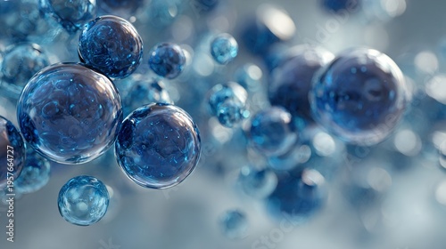 Macro view of water molecules or carbon dioxide. 3d rendering of abstract blue bubbles on a light background for medical science and innovative technology concepts.