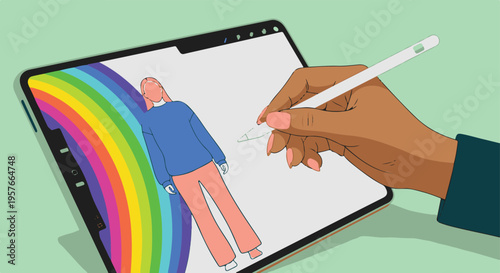 Digital artist drawing fashion illustration on modern tablet with stylus pen