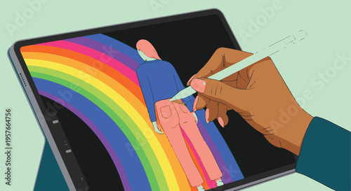 Hand using stylus on digital tablet to create vibrant rainbow illustration
