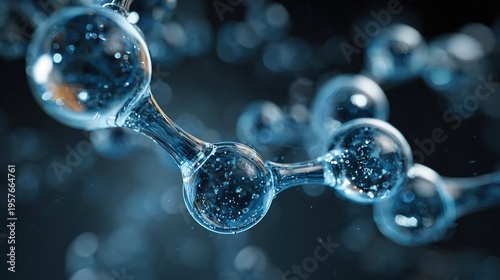 Macro view of water molecules or carbon dioxide. 3d rendering of abstract blue bubbles on a light background for medical science and innovative technology concepts.