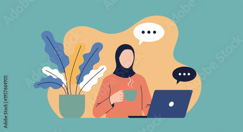 Muslim woman working remotely on laptop, enjoying coffee at home office