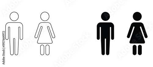 Man and woman outline and silhouette icon set, vector illustrations of male and female figures in line and solid styles, versatile