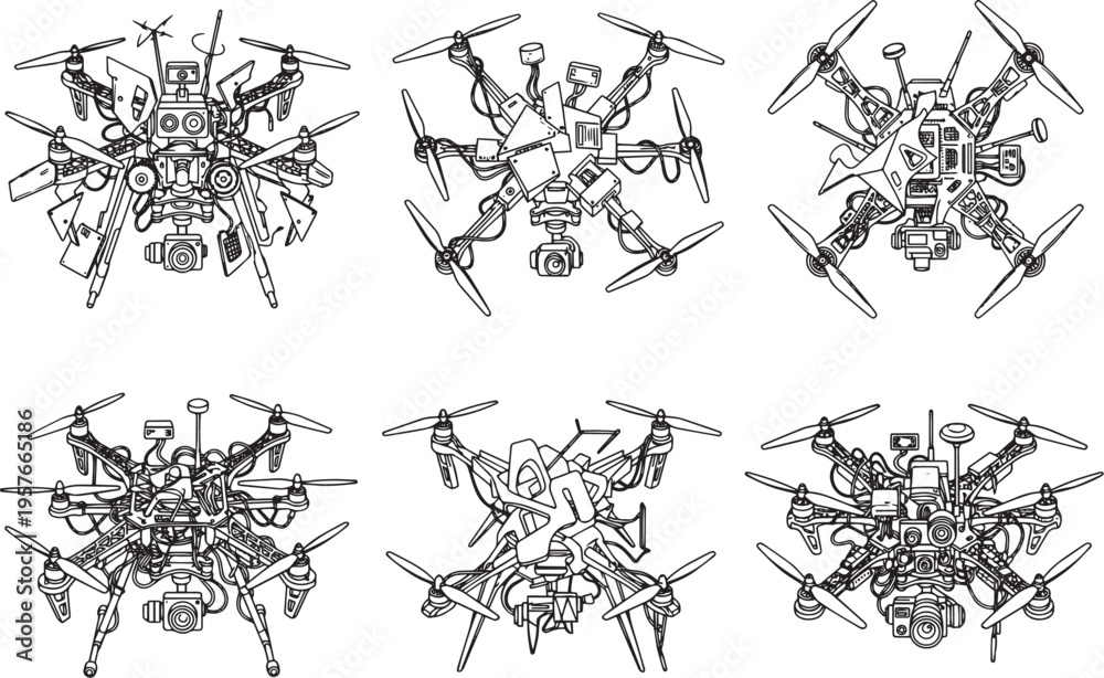 Fototapeta premium Set FPV Drone. Hand drawn vector illustration
