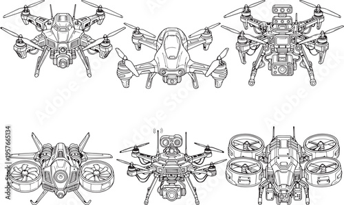 Set FPV Drone. Hand drawn vector illustration	