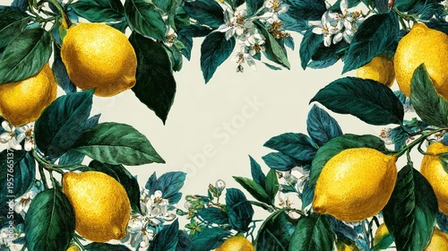 Lemons and blossoms illustrated around neutral central area