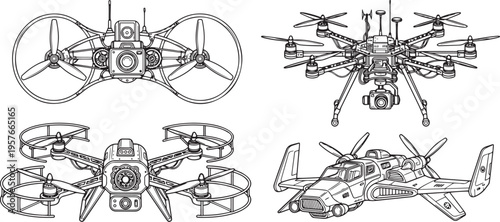 Set FPV Drone. Hand drawn vector illustration	